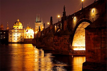 Charles Bridge over the River Vltava at night, UNESCO World Heritage Site, Prague, Czech Republic, Europe Stock Photo - Rights-Managed, Code: 841-05960247