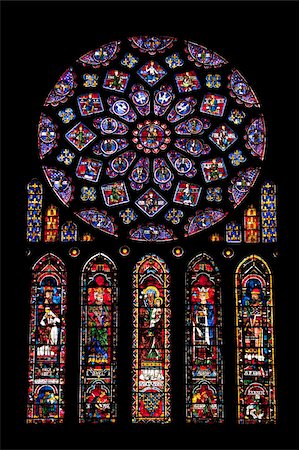 Rose window, Medieval stained glass windows in North Transept, Chartres Cathedral, UNESCO World Heritage Site, Chartres, Eure-et-Loir Region, France, Europe Foto de stock - Direito Controlado, Número: 841-05960487