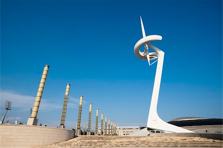 elaborate - Telefonoca Tower by architect Santiago Calatrava, Montjuic, Barcelona, Catalonia, Spain, Europe Stock Photo - Rights-Managed, Code: 841-05960794