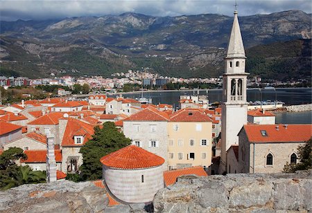 st john's church - Church of the Holy Trinity, St. John's Church and the rooftops of Budva old town, Budva, Montenegro, Europe Stock Photo - Rights-Managed, Code: 841-05961815