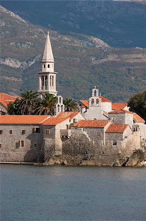 simsearch:841-06033702,k - Budva fortified old town on the Adriatic coast with the tower of St. John's Church, Budva, Montenegro, Europe Stock Photo - Rights-Managed, Code: 841-05961819