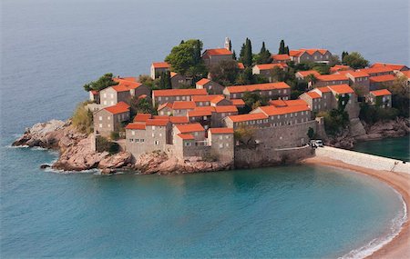 sveti stefan - Beach and houses on the hotel island at Sveti Stefan on the Adriatic coast, Sveti Stefan, Montenegro, Europe Stock Photo - Rights-Managed, Code: 841-05961834