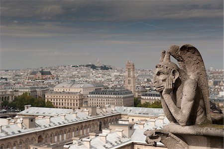 paris landmarks images - Gargoyle of Gothic Notre Dame Cathedral and the Right Bank with Basilica of Sacre Coeur, Paris, France, Europe Stock Photo - Rights-Managed, Code: 841-06030877