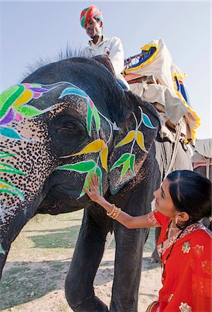 rajasthan - Woman in colourful sari with a painted ceremonial elephant in Jaipur, Rajasthan, India, Asia Stock Photo - Rights-Managed, Code: 841-06031273