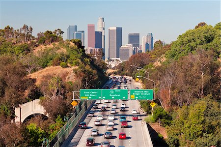 road buildings traffic day - Pasadena Freeway (CA Highway 110) leading to Downtown Los Angeles, California, United States of America, North America Stock Photo - Rights-Managed, Code: 841-06031361