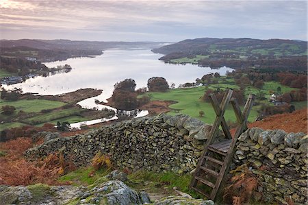 estilo - Dry stone wall and wooden stile above Lake Windermere, Lake District National Park, Cumbria, England, United Kingdom, Europe Stock Photo - Rights-Managed, Code: 841-06031569