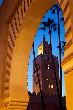 Minaret of the Koutoubia Mosque at dusk, Marrakesh, Morocco, North Africa, Africa Stock Photo - Rights-Managed, Code: 841-06033160