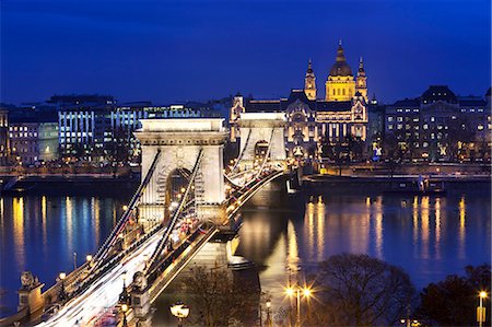 szechenyi chain bridge - Chain Bridge and St. Stephen's Basilica at dusk, UNESCO World Heritage Site, Budapest, Hungary, Europe Stock Photo - Rights-Managed, Code: 841-06033371