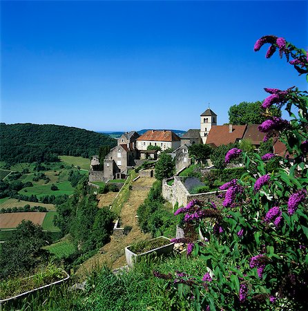 purple flower village - View over village, Chateau Chalon, Jura, Franche Comte, France, Europe Stock Photo - Rights-Managed, Code: 841-06033458