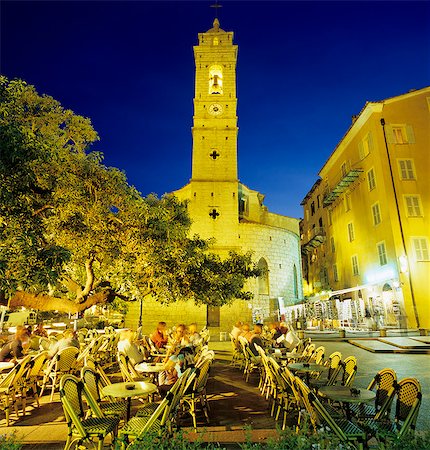 france places in town - Evening cafe scene in main square of old town, Porto Vecchio, South East Corsica, Corsica, France, Europe Stock Photo - Rights-Managed, Code: 841-06033723