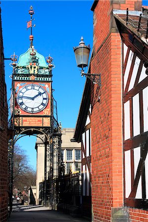 Pedestrian bridge over Eastgate, with clock, Chester, Cheshire, England, United Kingdom, Europe Stock Photo - Rights-Managed, Code: 841-06341439