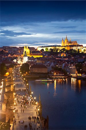 St. Vitus Cathedral, Charles Bridge, River Vltava and the Castle District illuminated at night, UNESCO World Heritage Site, Prague, Czech Republic, Europe Stock Photo - Rights-Managed, Code: 841-06343143