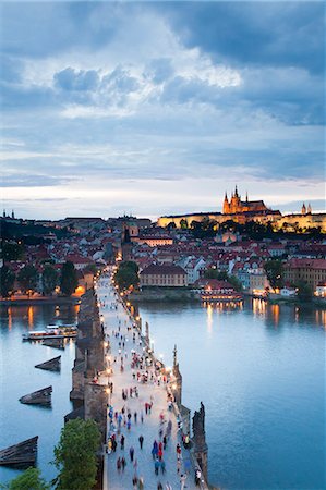 day - St. Vitus Cathedral, Charles Bridge, River Vltava and the Castle District in the evening, UNESCO World Heritage Site, Prague, Czech Republic, Europe Stock Photo - Rights-Managed, Code: 841-06343166