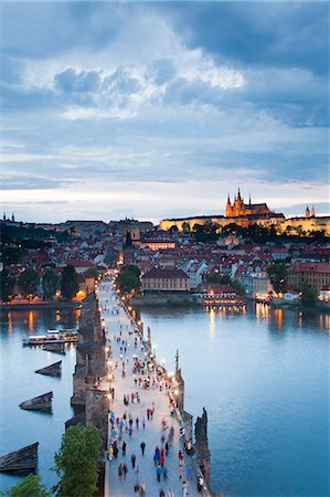 daytime - St. Vitus Cathedral, Charles Bridge, River Vltava and the Castle District in the evening, UNESCO World Heritage Site, Prague, Czech Republic, Europe Stock Photo - Rights-Managed, Code: 841-06343166