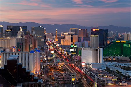 Elevated view of the hotels and casinos along The Strip at dusk, Las Vegas, Nevada, United States of America, North America Stock Photo - Rights-Managed, Code: 841-06343175