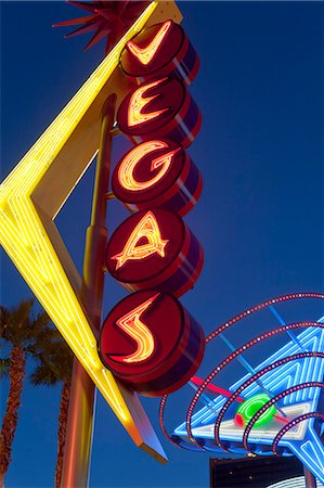 Neon Vegas sign at dusk, Downtown, Freemont East Area, Las Vegas, Nevada, United States of America, North America Stock Photo - Rights-Managed, Code: 841-06343182