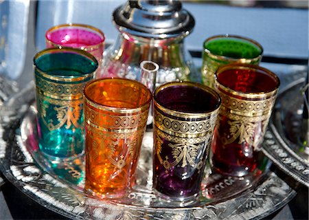 A set of colourful tea glasses for sale in the souk, in Marrakech, Morocco, North Africa, Africa Stock Photo - Rights-Managed, Code: 841-06445544