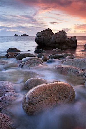 Porth Nanven cove and the Brisons Islands at sunset, Cornwall, England, United Kingdom, Europe Foto de stock - Con derechos protegidos, Código: 841-06447539