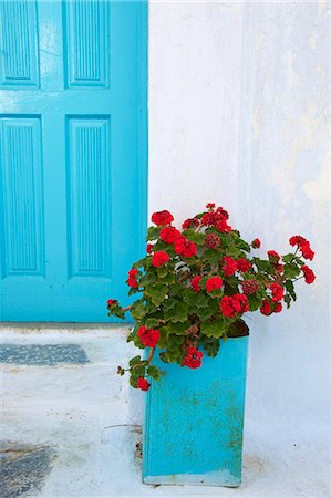 Red geraniums, Chora, Amorgos, Cyclades, Aegean, Greek Islands, Greece, Europe Stock Photo - Rights-Managed, Code: 841-06448591