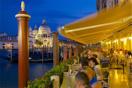 evening restaurant - Santa Maria della Salute and restaurant at dusk, Dorsoduro, Venice, UNESCO World Heritage Site, Veneto, Italy, Europe Stock Photo - Rights-Managed, Code: 841-06449053