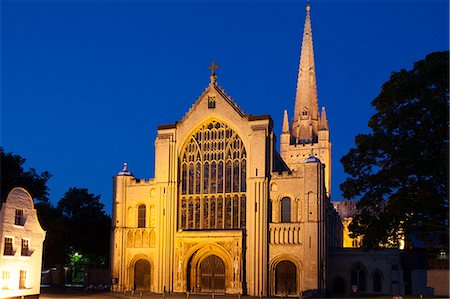 Norwich Cathedral floodlit at dusk, Norwich, Norfolk, England, United Kingdom, Europe Stock Photo - Rights-Managed, Code: 841-06449223