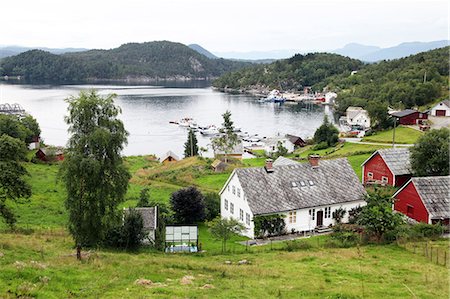 Harbour and farmhouses on Island of Borgundoya, Hardangerfjord, Norway, Scandinavia, Europe Foto de stock - Direito Controlado, Número: 841-06499865