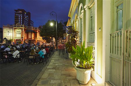 simsearch:841-06501958,k - People eating at outdoor restaurants in Praca Sao Sebastiao (St. Sebastian Square) at dusk, Manaus, Amazonas, Brazil, South America Stock Photo - Rights-Managed, Code: 841-06501467