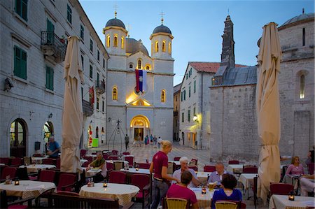 people and church - St. Nicholas Serbian Orthodox Church at dusk, Old Town, UNESCO World Heritage Site, Kotor, Montenegro, Europe Stock Photo - Rights-Managed, Code: 841-06502975