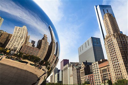 Tall buildings on North Michigan Avenue reflecting in the Cloud Gate steel sculpture by Anish Kapoor, Millennium Park, Chicago, Illinois, United States of America, North America Stock Photo - Rights-Managed, Code: 841-06616711