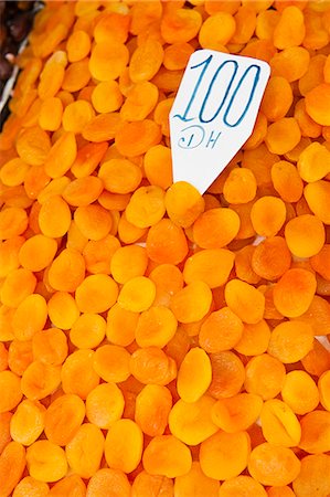 Dried apricots for sale in the souks in Djemaa El Fna, Marrakech, Morocco, North Africa, Africa Stock Photo - Rights-Managed, Code: 841-06804603