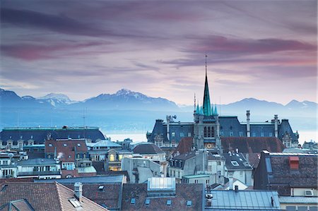 spire - St. Francois Church and city skyline at dusk, Lausanne, Vaud, Switzerland, Europe Stock Photo - Rights-Managed, Code: 841-06806781