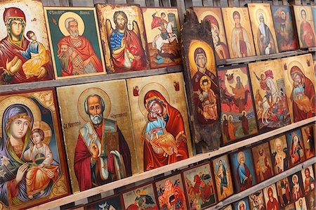 Greek Orthodox icons offered for sale outside the Alexander Nevsky Cathedral, Sofia, Bulgaria, Europe Stock Photo - Rights-Managed, Code: 841-06807389