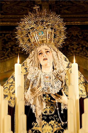 province of seville - Image of Virgin Mary on float (pasos) carried during Semana Santa (Holy Week), Seville, Andalucia, Spain, Europe Stock Photo - Rights-Managed, Code: 841-06807737