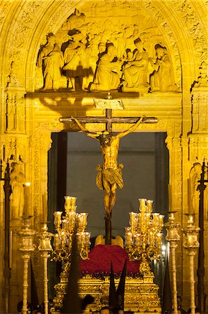 Semana Santa (Holy Week) float outside Seville Cathedral, Seville, Andalucia, Spain, Europe Photographie de stock - Rights-Managed, Code: 841-06807739