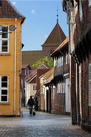 scène de rue - Cobblestone alley in the old town with tower of St. Catharinae Kirke, Ribe, Jutland, Denmark, Scandinavia, Europe Photographie de stock - Rights-Managed, Code: 841-06807761