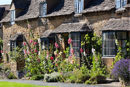Hollyhocks and Cotswold cottage, Broadway, Worcestershire, Cotswolds, England, United Kingdom, Europe Stock Photo - Rights-Managed, Code: 841-07084124