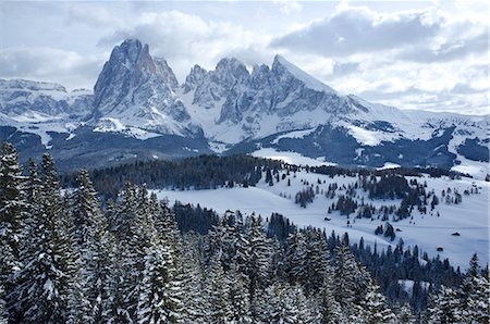 simsearch:841-07082933,k - A snowy view of Sassolungo and Sassopiato Mountains behind the Alpe di Siusi ski area in the Dolomites, South Tyrol, Italy, Europe Stock Photo - Rights-Managed, Code: 841-07081420