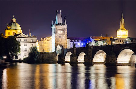 prague at night - Charles Bridge and Mala Strana Bridge Tower, UNESCO World Heritage Site, Prague, Czech Republic, Europe Stock Photo - Rights-Managed, Code: 841-07082313