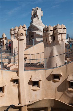spanish culture - Group of grotesque chimneys on the roof of La Pedrera (Casa Mila), UNESCO World Heritage Site, Passeig de Gracia, Barcelona, Catalunya, Spain, Europe Stock Photo - Rights-Managed, Code: 841-07082417