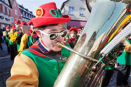 Trombonist, traditional carnival, Gengenbach Fasend, Black Forest, Baden Wurttemberg, Germany, Europe Stockbilder - Lizenzpflichtiges, Bildnummer: 841-07204506