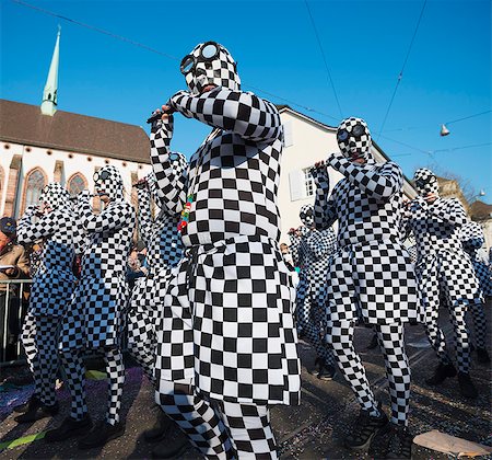 schwarzweiß - Fasnact spring carnival parade, Basel, Switzerland, Europe Stockbilder - Lizenzpflichtiges, Bildnummer: 841-07205317