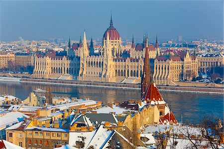 Hungarian Parliament illuminated by warm light on a winter afternoon, Budapest, Hungary, Europe Stock Photo - Rights-Managed, Code: 841-07201487