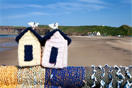 Saltburn Yarn Stormers Knitted Beach Huts on the Pier at Saltburn by the Sea, Redcar and Cleveland, North Yorkshire, Yorkshire, England, United Kingdom, Europe Stock Photo - Rights-Managed, Code: 841-07202507