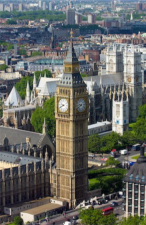 St Stephen's Tower on the Houses of the Parliament which houses Big Ben, the famous clock bells. The great clock of Westminster shows a time of 9.40 Stock Photo - Rights-Managed, Code: 841-07523833