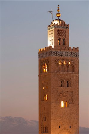 The Minaret of the Koutoubia Mosque, UNESCO World Heritage Site, at dusk with the Atlas mountains beyond, Marrakech, Morocco, North Africa, Africa Stock Photo - Rights-Managed, Code: 841-07523951