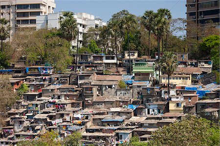 Slum housing and slum dwellers next to apartment blocks in Bandra area of Mumbai, India from Bandra Worli Sealink Road Foto de stock - Con derechos protegidos, Código: 841-07540473