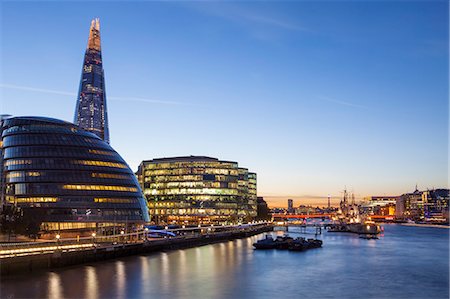 London skyline at dusk including the GLA building, HMS Belfast and the Shard, taken from Tower Bridge, London, England, United Kingdom, Europe Photographie de stock - Rights-Managed, Code: 841-07589775