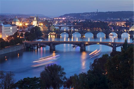 Bridges over the Vltava River including Charles Bridge and the Old Town Bridge Tower, UNESCO World Heritage Site, Prague, Czech Republic, Europe Stock Photo - Rights-Managed, Code: 841-07589871