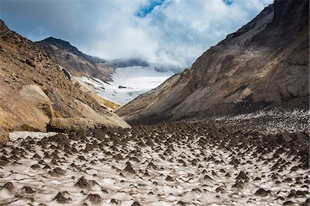 physical geography scenery ice - Little sand mounds on a glacier field on Mutnovsky volcano, Kamchatka, Russia, Eurasia Stock Photo - Rights-Managed, Code: 841-07590425