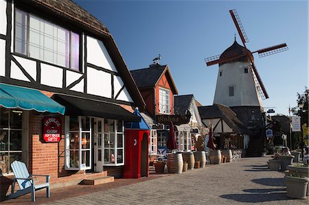 small town stores in america - Danish-styled street and windmill, Solvang, Santa Ynez Valley, Santa Barbara County, California, United States of America, North America Stock Photo - Rights-Managed, Code: 841-07590537
